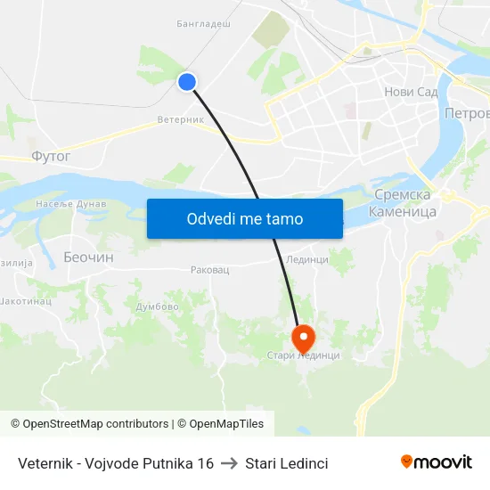Veternik - Vojvode Putnika 16 to Stari Ledinci map