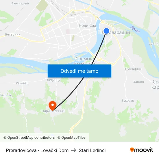 Preradovićeva - Lovački Dom to Stari Ledinci map