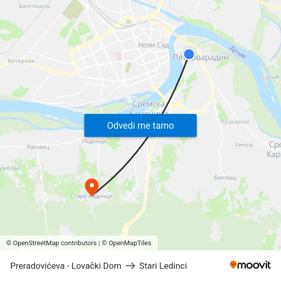 Preradovićeva - Lovački Dom to Stari Ledinci map