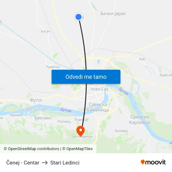 Čenej - Centar to Stari Ledinci map