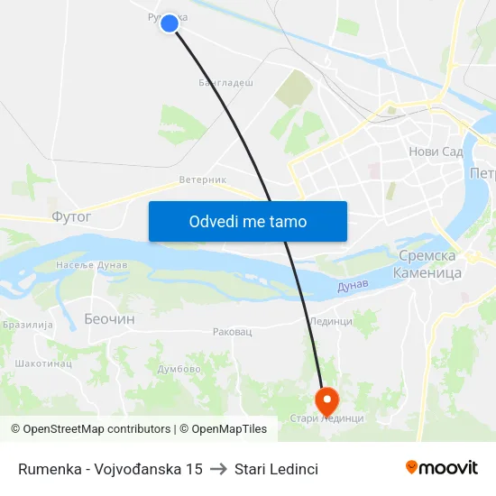 Rumenka - Vojvođanska 15 to Stari Ledinci map