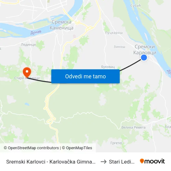 Sremski Karlovci - Karlovačka Gimnazija to Stari Ledinci map