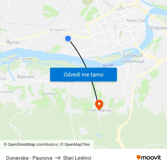 Dunavska - Paunova to Stari Ledinci map