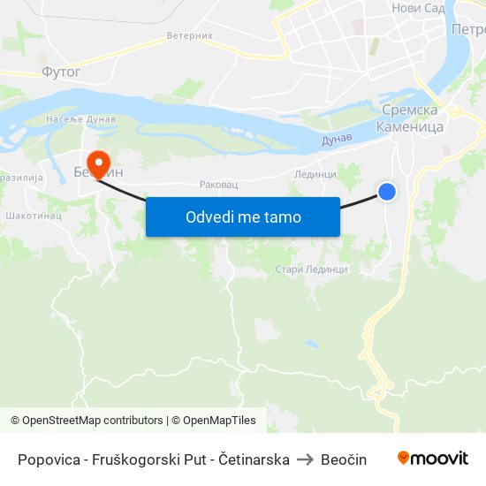 Popovica - Fruškogorski Put - Četinarska to Beočin map