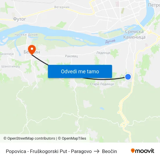Popovica - Fruškogorski Put - Paragovo to Beočin map