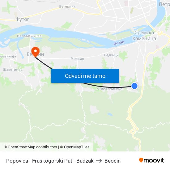 Popovica - Fruškogorski Put - Budžak to Beočin map