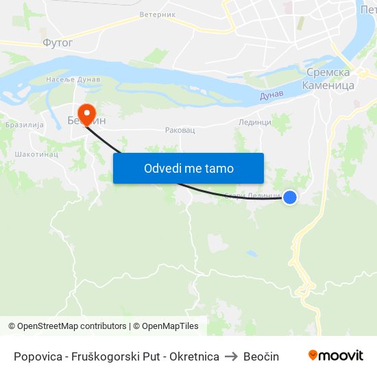 Popovica - Fruškogorski Put - Okretnica to Beočin map