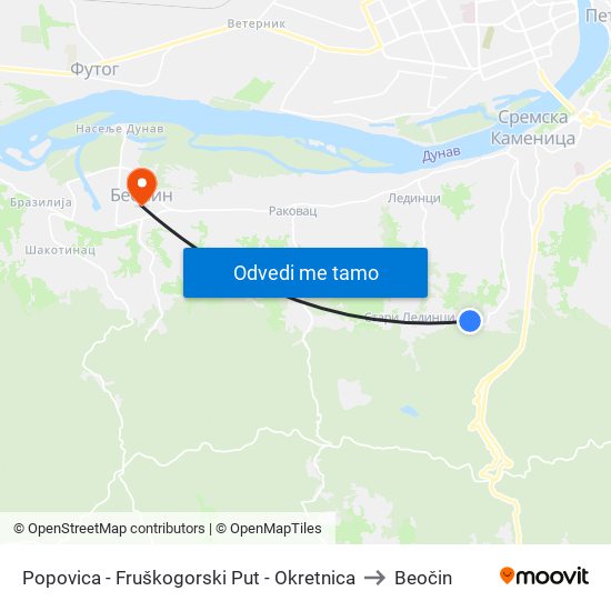 Popovica - Fruškogorski Put - Okretnica to Beočin map