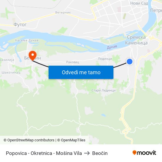 Popovica - Okretnica - Mošina Vila to Beočin map