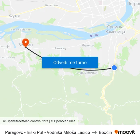 Paragovo - Iriški Put - Vodnika Miloša Lasice to Beočin map