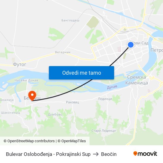 Bulevar Oslobođenja - Pokrajinski Sup to Beočin map