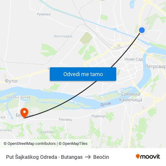 Put Šajkaškog Odreda - Butangas to Beočin map
