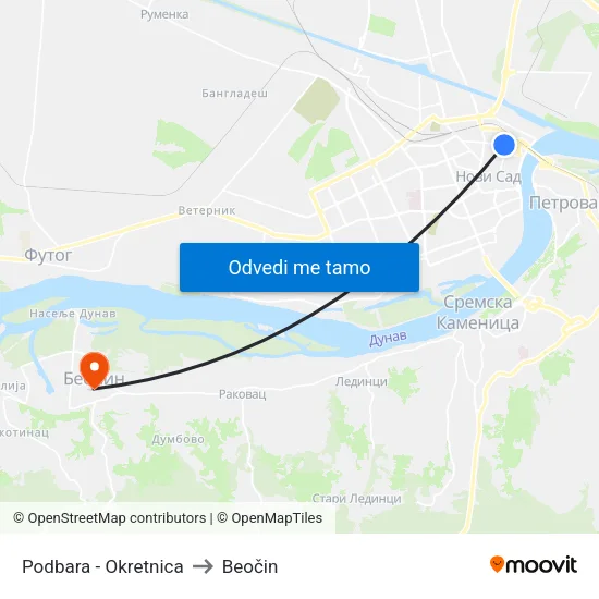 Podbara - Okretnica to Beočin map