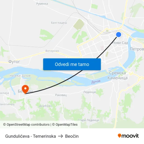 Gundulićeva - Temerinska to Beočin map