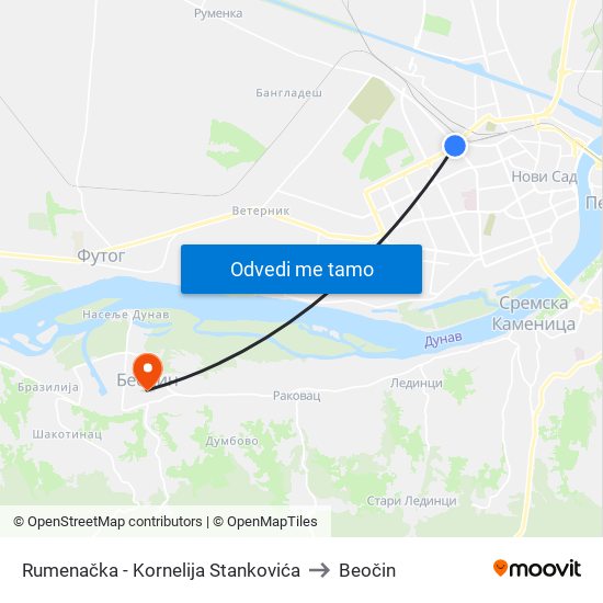 Rumenačka - Kornelija Stankovića to Beočin map