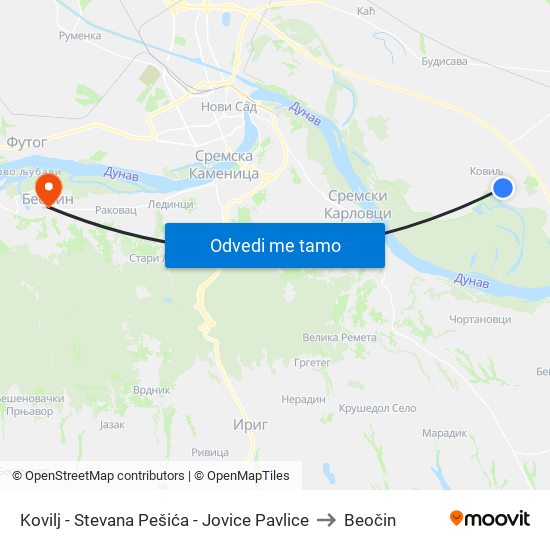 Kovilj - Stevana Pešića - Jovice Pavlice to Beočin map