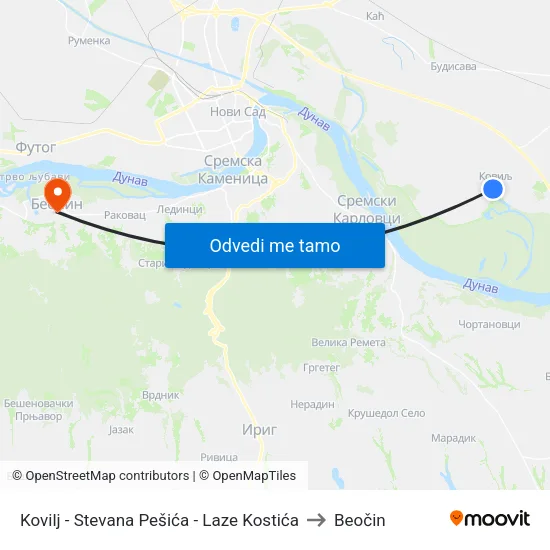 Kovilj - Stevana Pešića - Laze Kostića to Beočin map