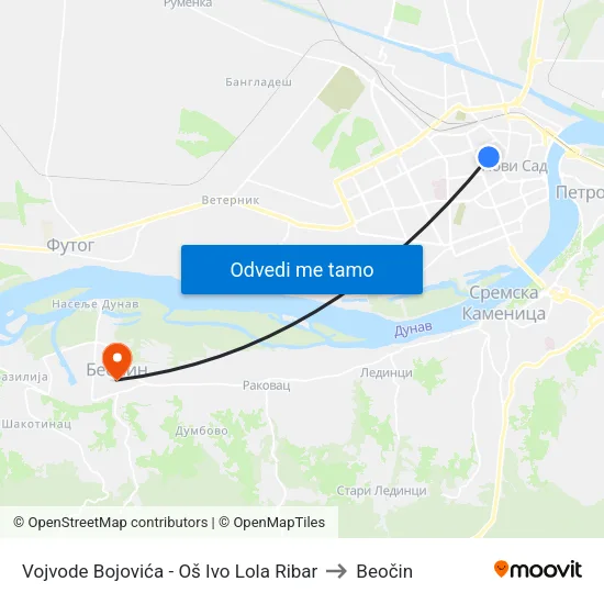 Vojvode Bojovića - Oš Ivo Lola Ribar to Beočin map