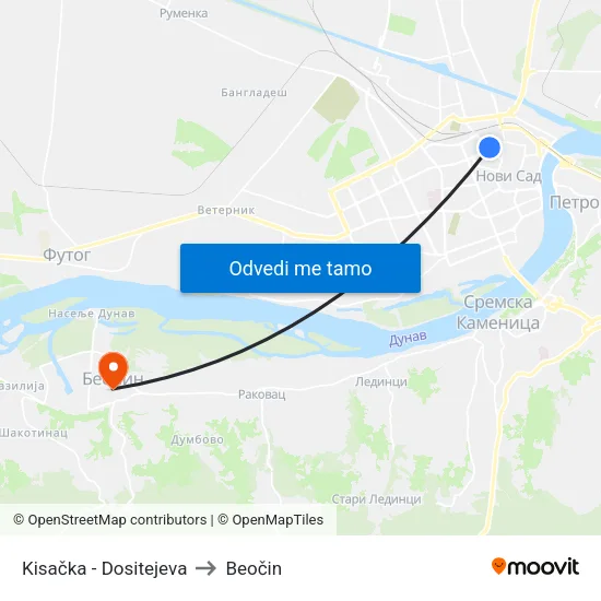 Kisačka - Dositejeva to Beočin map