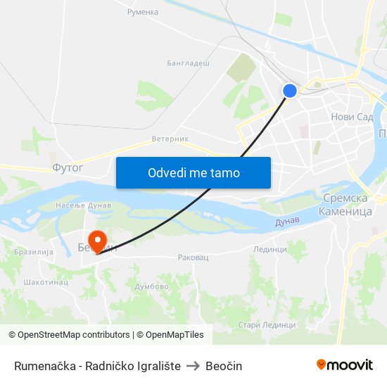 Rumenačka - Radničko Igralište to Beočin map