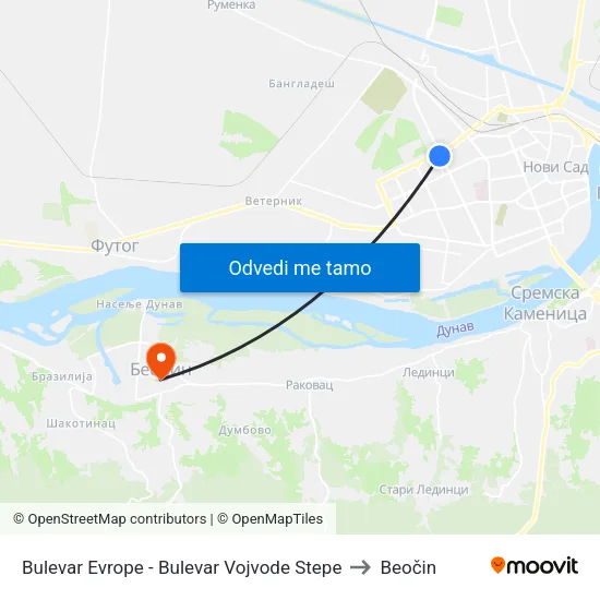 Bulevar Evrope - Bulevar Vojvode Stepe to Beočin map