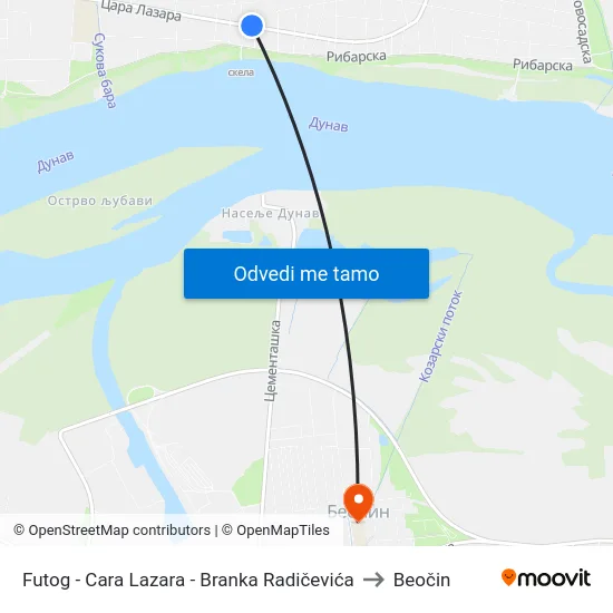 Futog - Cara Lazara - Branka Radičevića to Beočin map