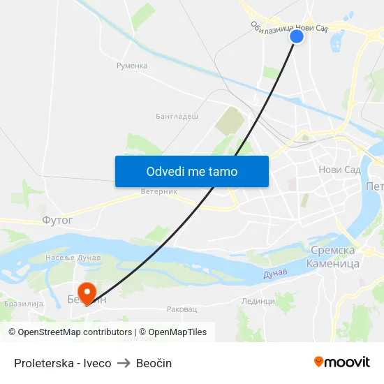 Proleterska - Iveco to Beočin map