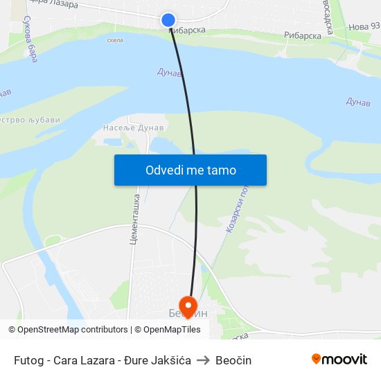Futog - Cara Lazara - Đure Jakšića to Beočin map