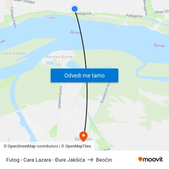 Futog - Cara Lazara - Đure Jakšića to Beočin map