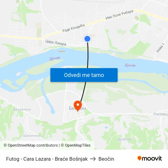 Futog - Cara Lazara - Braće Bošnjak to Beočin map