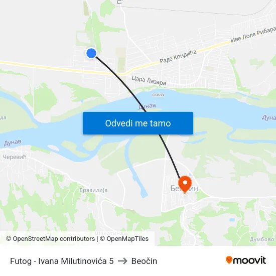 Futog - Ivana Milutinovića 5 to Beočin map