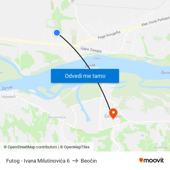 Futog - Ivana Milutinovića 6 to Beočin map