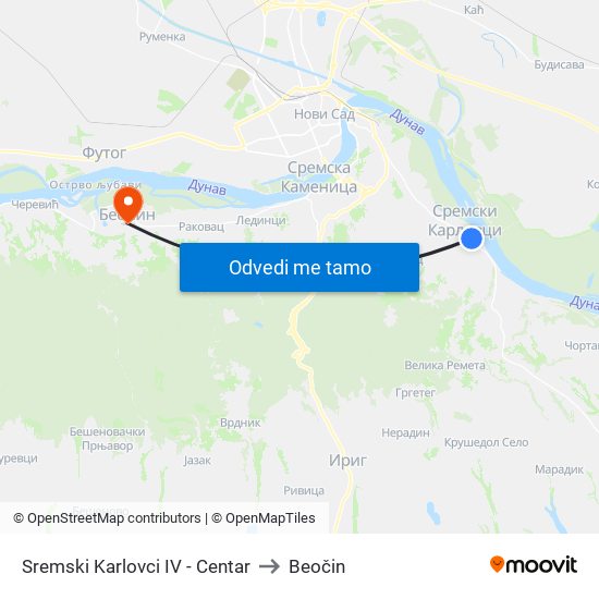 Sremski Karlovci IV - Centar to Beočin map