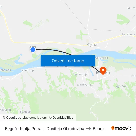 Begeč - Kralja Petra I - Dositeja Obradovića to Beočin map