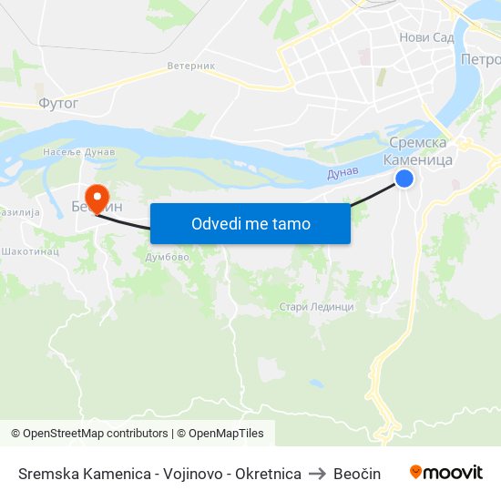 Sremska Kamenica - Vojinovo - Okretnica to Beočin map