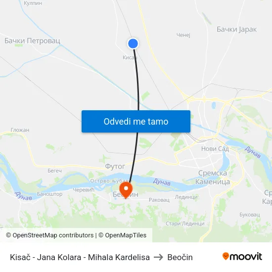 Kisač - Jana Kolara - Mihala Kardelisa to Beočin map