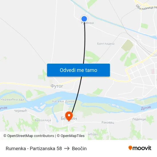 Rumenka - Partizanska 58 to Beočin map