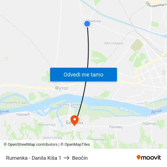 Rumenka - Danila Kiša 1 to Beočin map