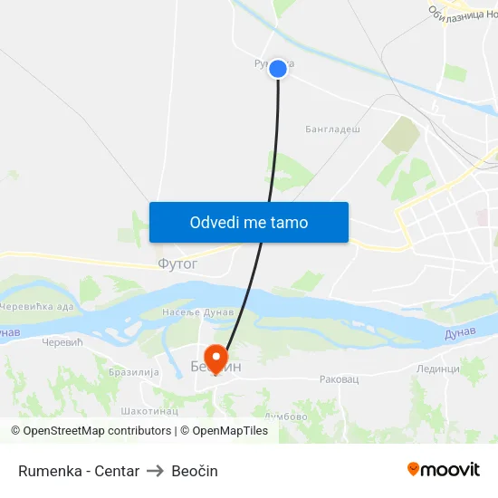 Rumenka - Centar to Beočin map