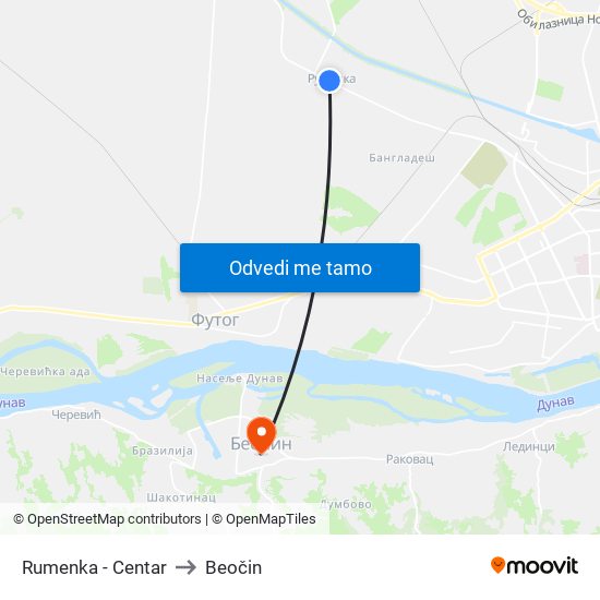 Rumenka - Centar to Beočin map
