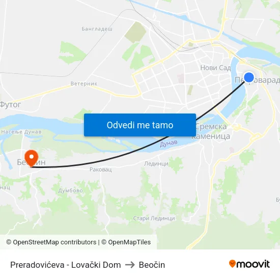 Preradovićeva - Lovački Dom to Beočin map