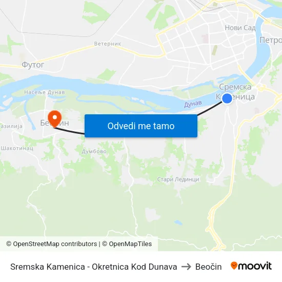 Sremska Kamenica - Okretnica Kod Dunava to Beočin map