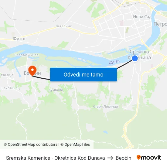 Sremska Kamenica - Okretnica Kod Dunava to Beočin map