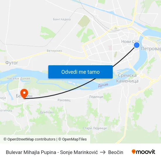 Bulevar Mihajla Pupina - Sonje Marinković to Beočin map