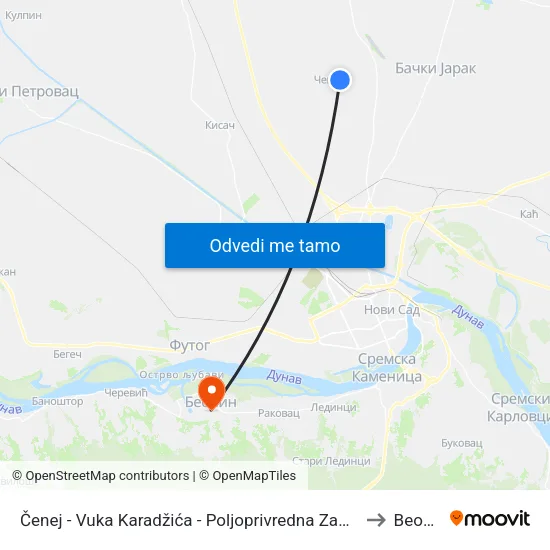 Čenej - Vuka Karadžića - Poljoprivredna Zadruga to Beočin map