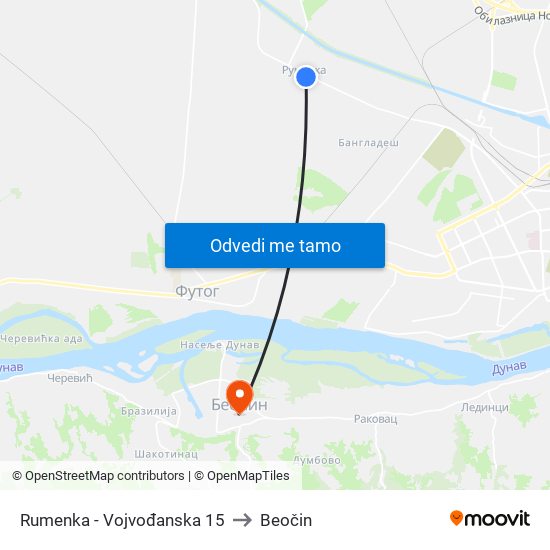 Rumenka - Vojvođanska 15 to Beočin map