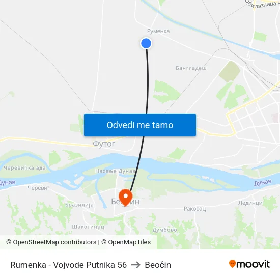Rumenka - Vojvode Putnika 56 to Beočin map
