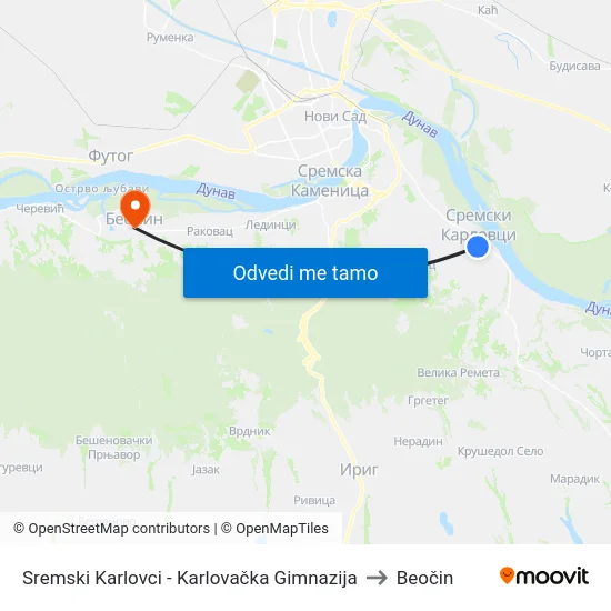 Sremski Karlovci - Karlovačka Gimnazija to Beočin map