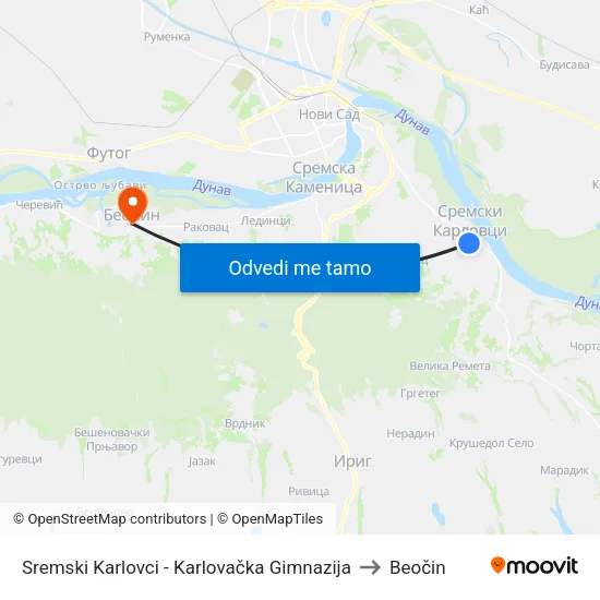 Sremski Karlovci - Karlovačka Gimnazija to Beočin map