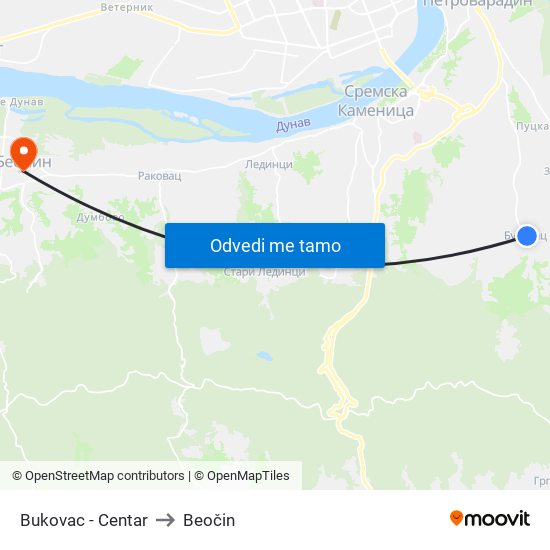 Bukovac - Centar to Beočin map